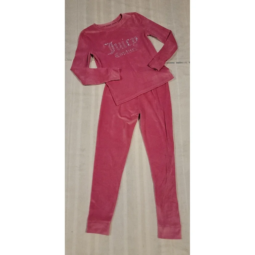 Juicy Couture Pink Velour LS Pajama Set Pants Rhinestones Size 10 Soft Y2K Logo